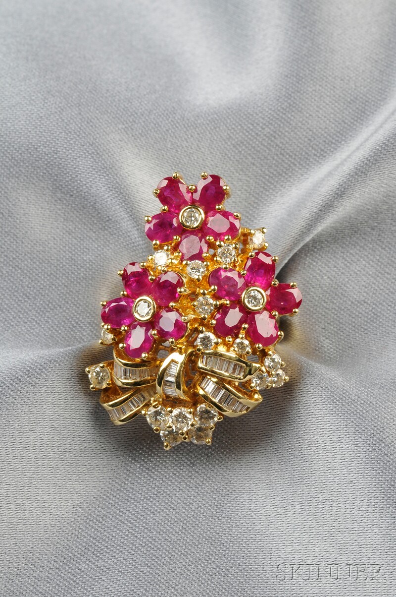 Appraisal: kt Gold Ruby and Diamond Ring designed as flowers set