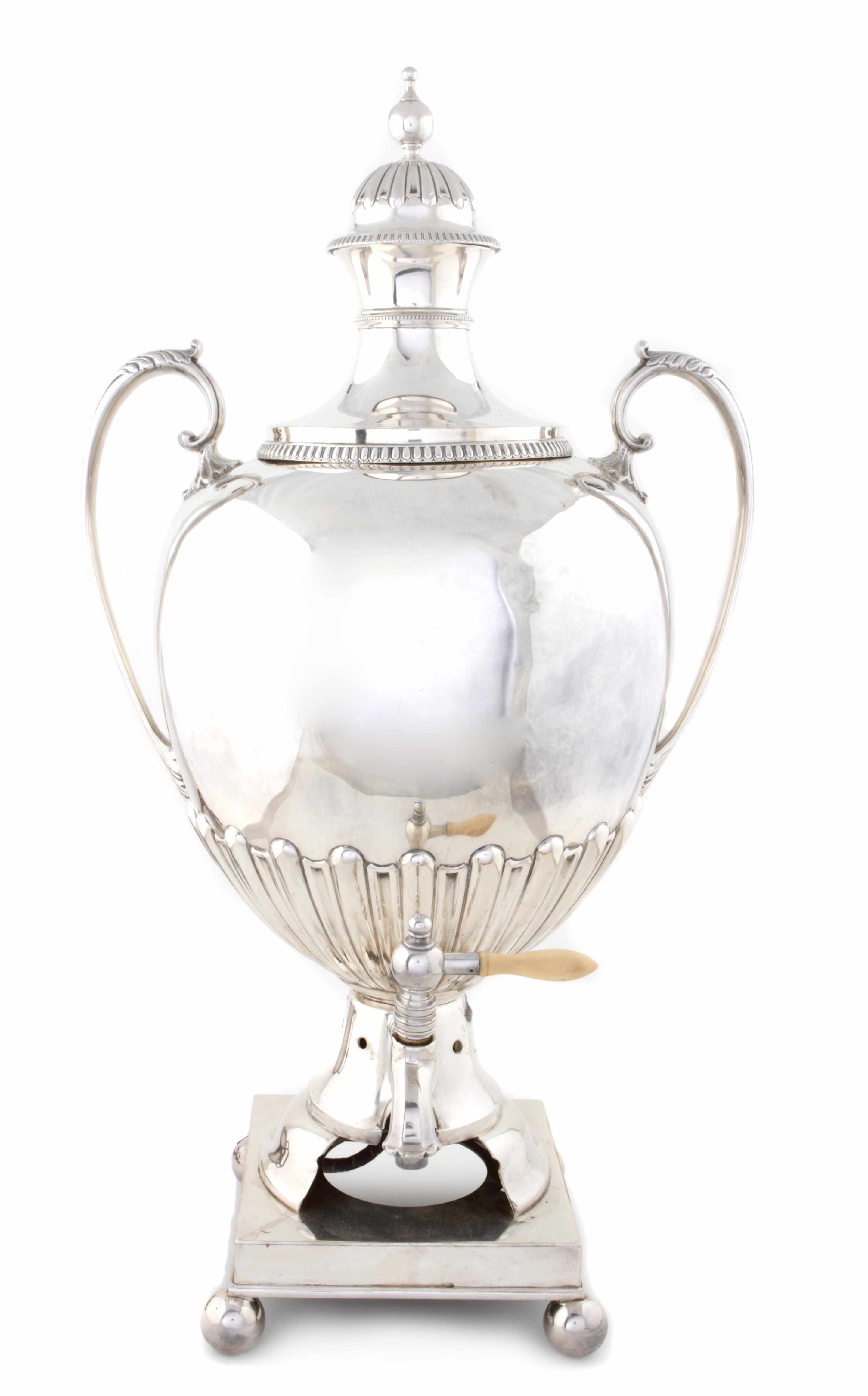 Appraisal: An antique plated hot water urn with ivory spigot handle