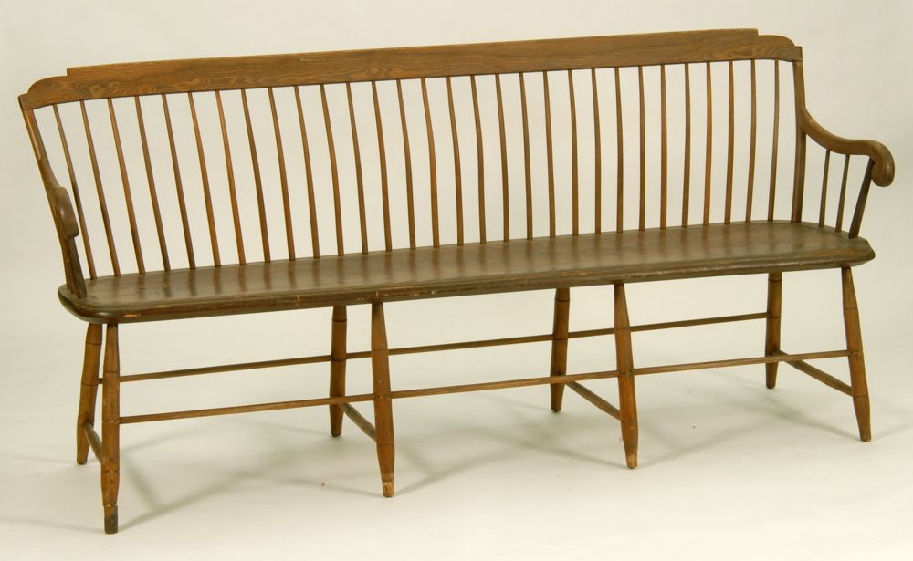 Appraisal: ANTIQUE AMERICAN STEP-DOWN WINDSOR BENCH Early th CenturyWith old medium