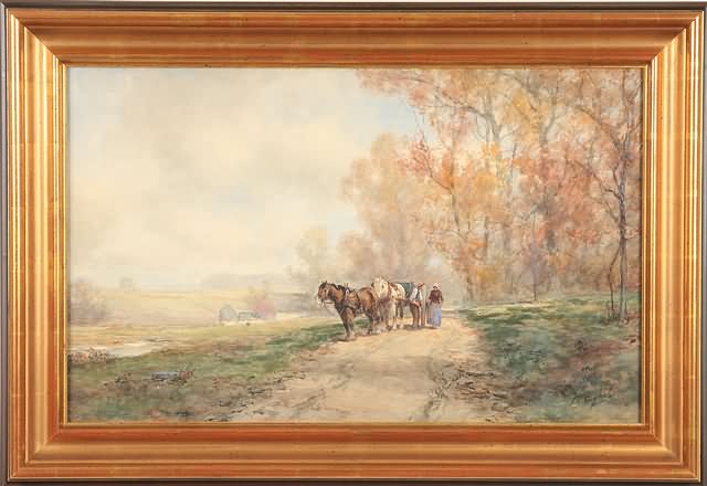 Appraisal: The Team two figures with horses and cart along road