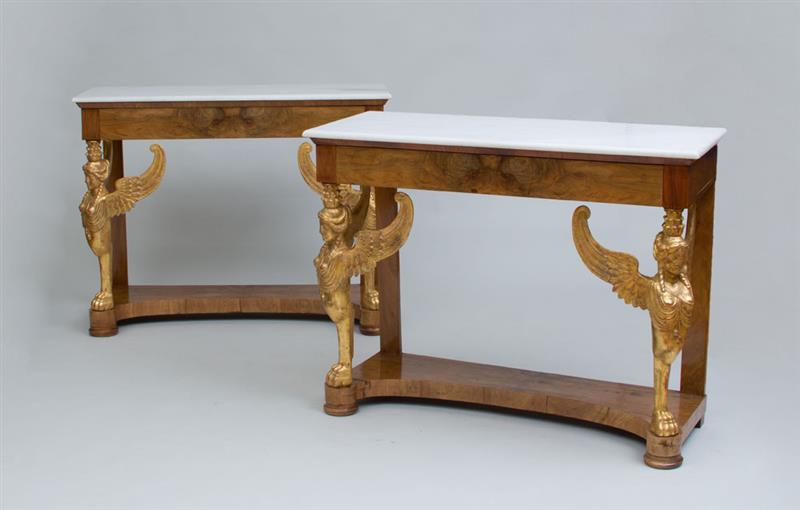 Appraisal: PAIR OF ITALIAN NEOCLASSICAL WALNUT AND PARCEL-GILT CONSOLE TABLES x