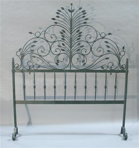 Appraisal: FULL SIZE PATINATED METAL HEADBOARD Scrolling foliate fretwork designed to