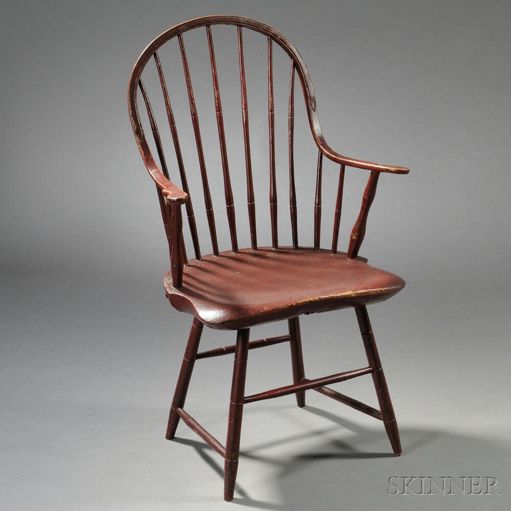 Appraisal: Red-painted Windsor Continuous Armchair New England c with bamboo turnings