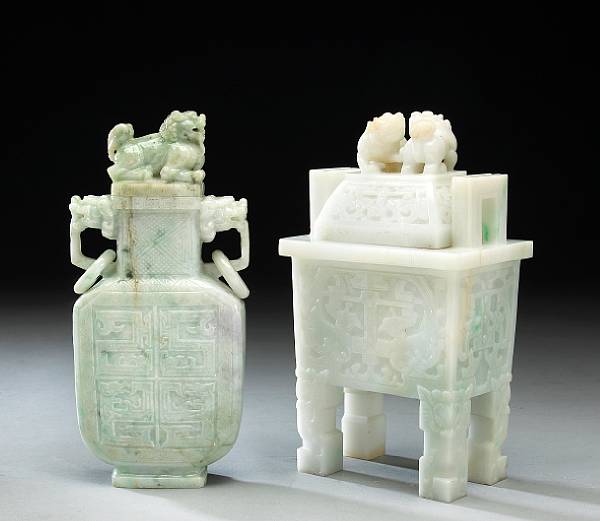 Appraisal: Two jadeite covered containers The first a vase of flattened