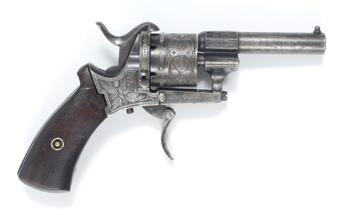 Appraisal: ENGRAVED EUROPEAN PINFIRE PISTOL Engraved barrel and frame collapsing open