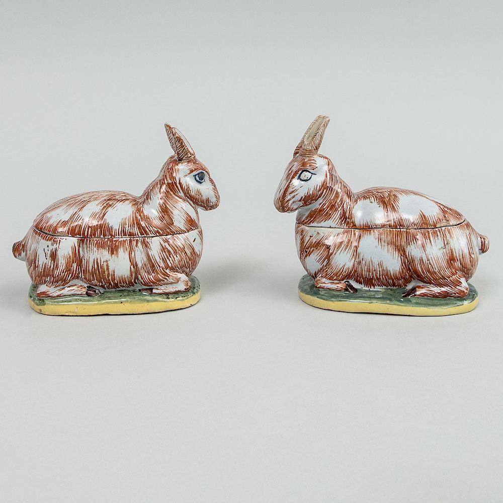 Appraisal: Near Pair of Dutch Polychrome Delft Animal Form Boxes and