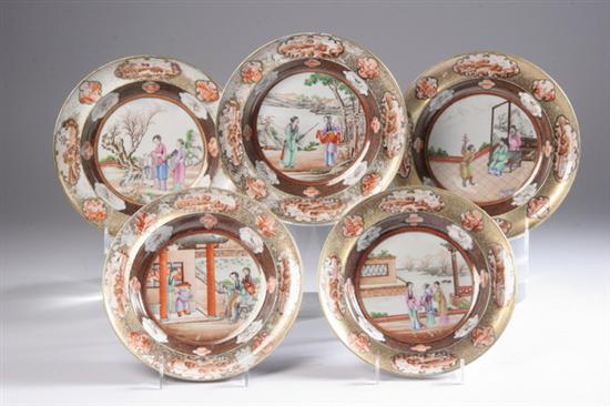 Appraisal: FIVE CHINESE EXPORT FAMILLE ROSE ROCKEFELLER PATTERN PORCELAIN DISHES Circa