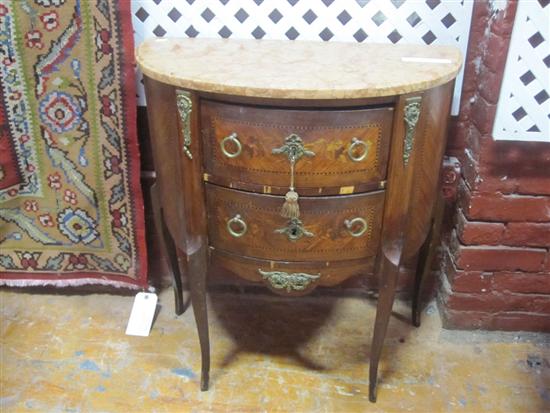 Appraisal: TH C ITALIAN DEMILUNE STAND Two drawer with marquetry panels