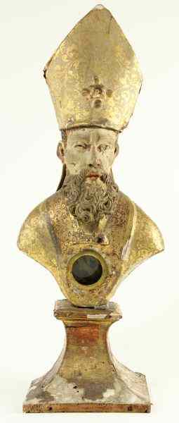 Appraisal: Mitered Bishop Reliquary Sculpturecirca likely Spanish or Italian polychrome and