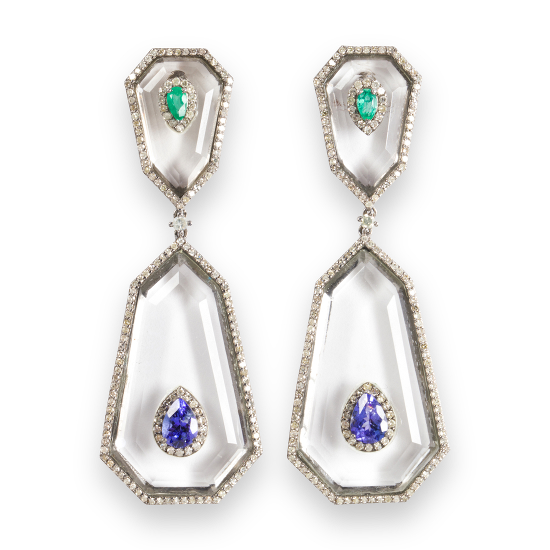 Appraisal: A PAIR OF ROCK CRYSTAL EMERALD TANZANITE AND DIAMOND EARRINGS