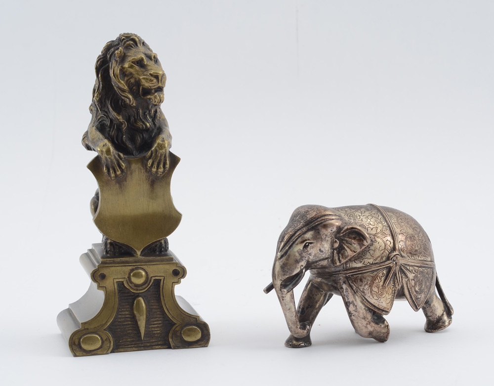 Appraisal: PIECE BRONZE LOT ELEPHANT LION Lion on its haunches holding