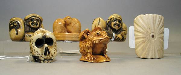 Appraisal: Six ivory and bone netsuke The tinted ivory netsuke including