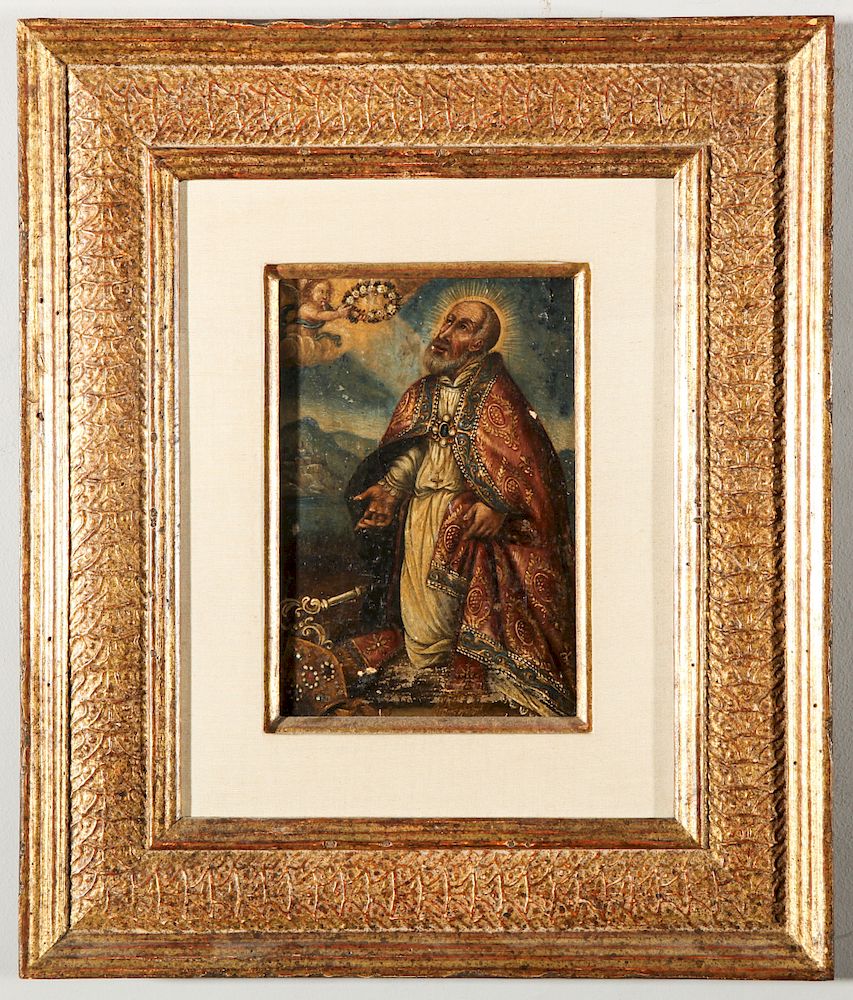 Appraisal: Spanish Colonial Saint Angel Oil on Panel Spanish Colonial oil