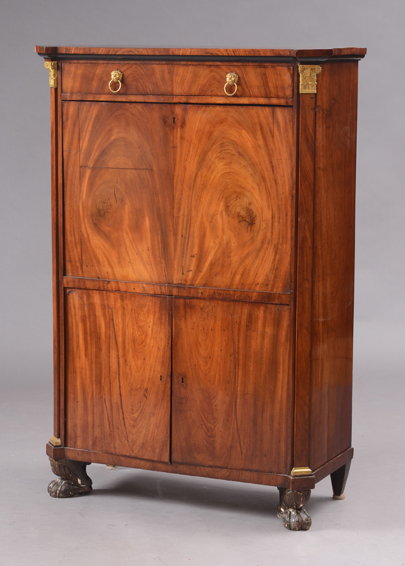 Appraisal: EMPIRE ORMOLU-MOUNTED WALNUT AND EBONIZED SECRETAIRE ABATTANT The rectangular top