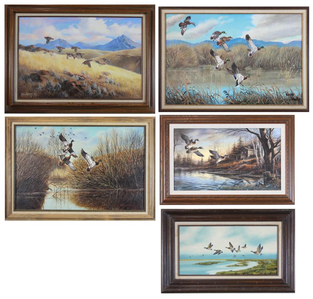 Appraisal: ORNITHOLOGICAL ART three waterfowl oil paintings one prairie fowl oil