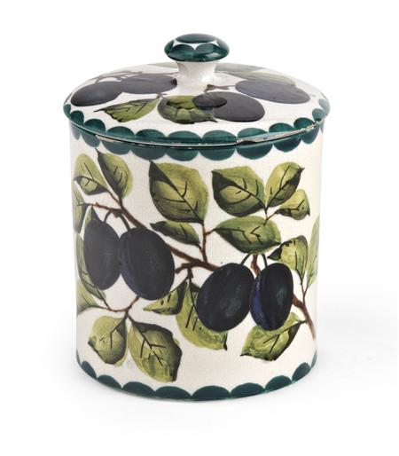 Appraisal: WEMYSS LARGE PRESERVE JAR COVER CIRCA decorated with damsons impressed