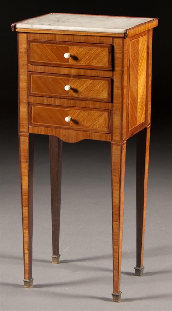 Appraisal: Continental inlaid kingwood and tulipwood marble-top table en chiffonnier first