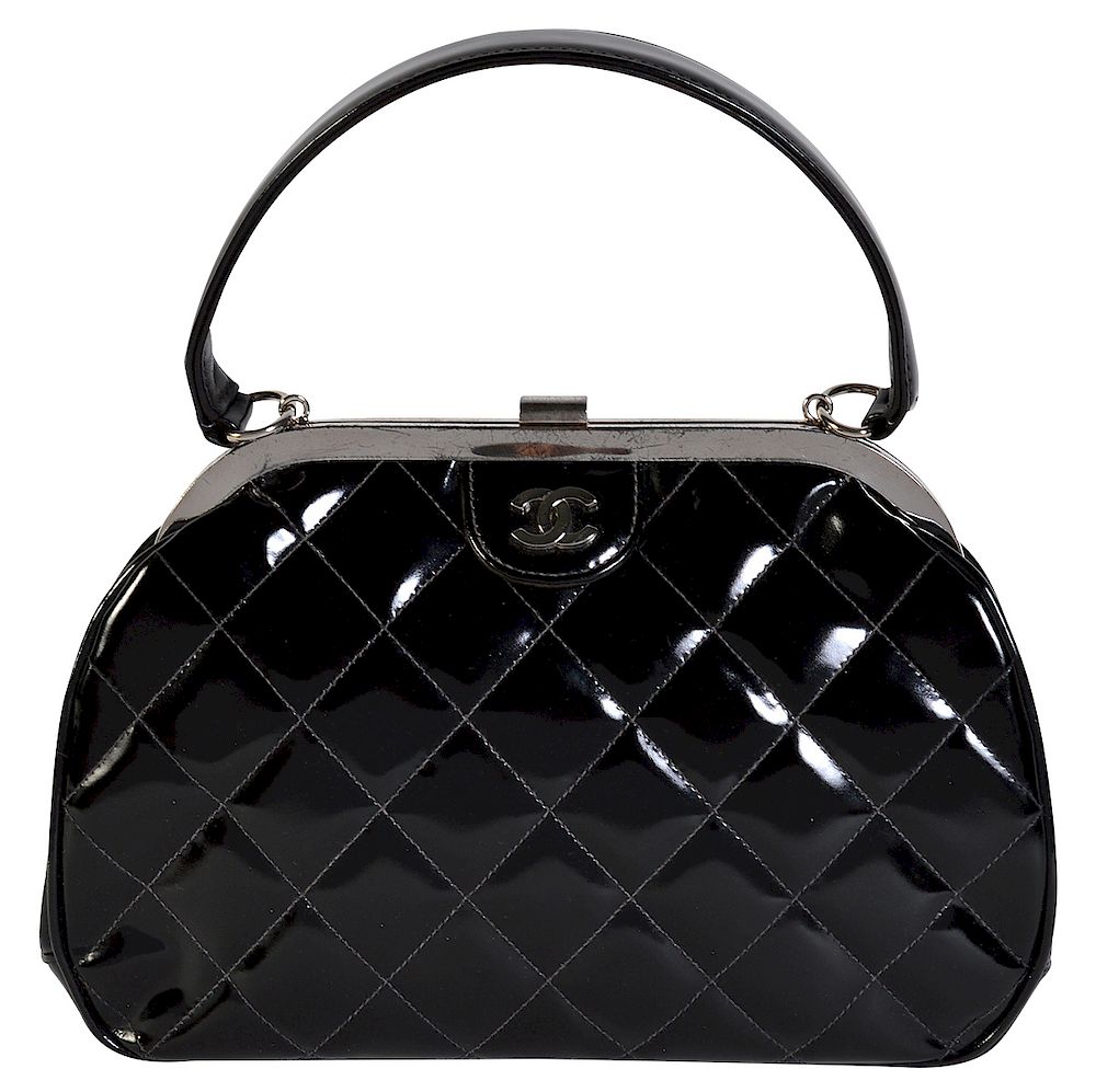 Appraisal: CHANEL Shiny Black Patent Quilted Leather Handbag Chanel shiny black