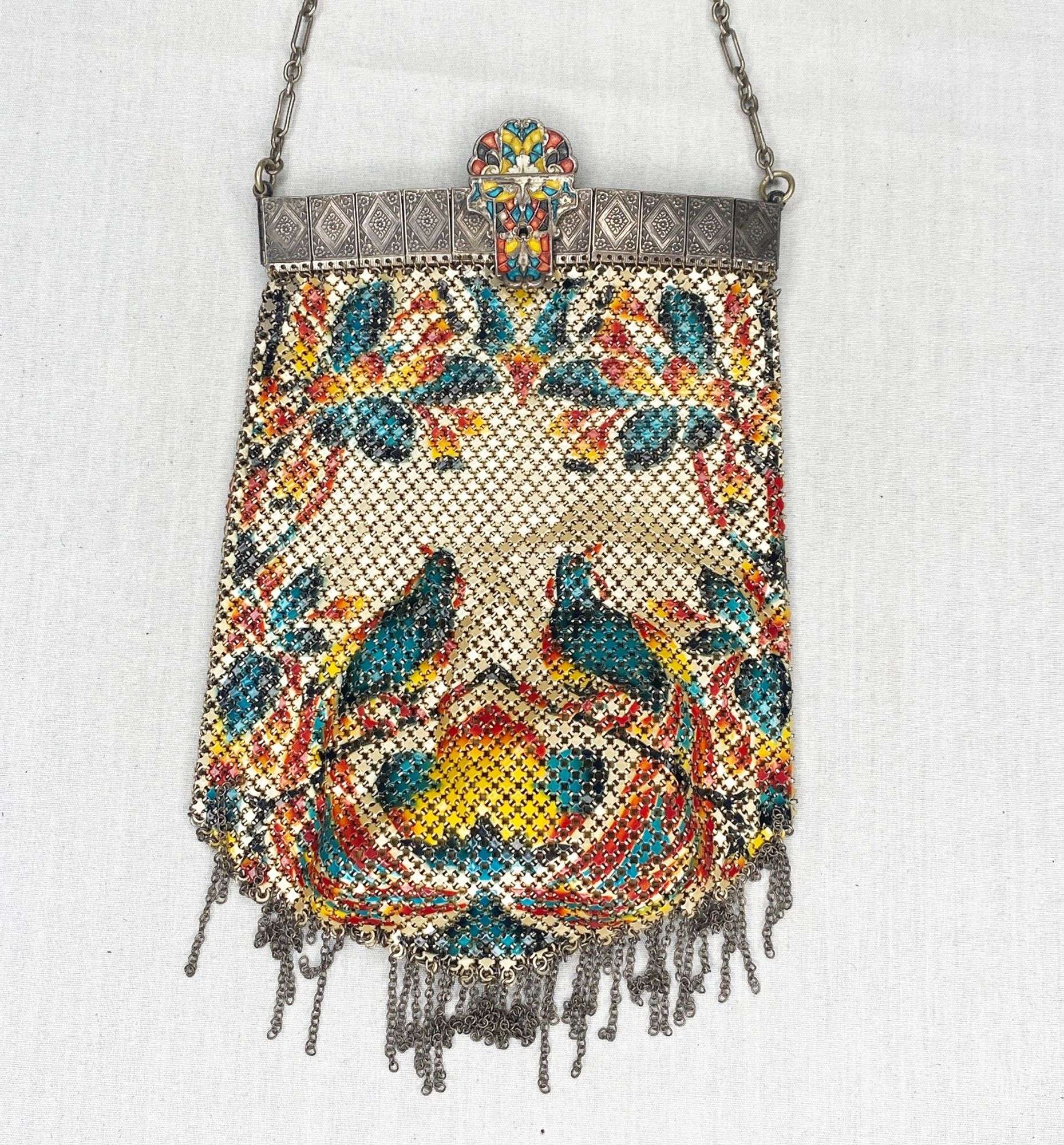 Appraisal: Art Deco Enameled Mesh Hand Bag with Birds long at