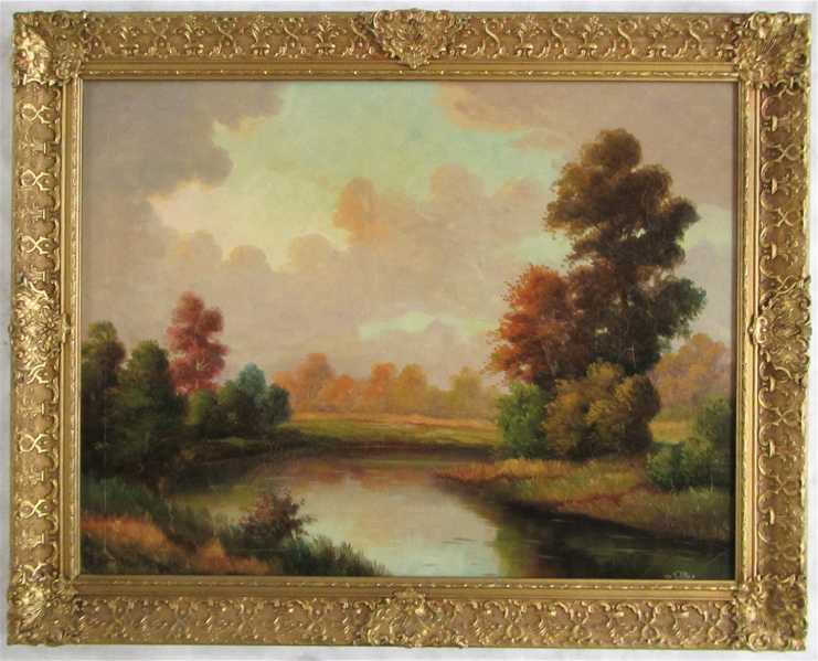 Appraisal: R POTTER OIL ON CANVAS Autumn landscape with river and