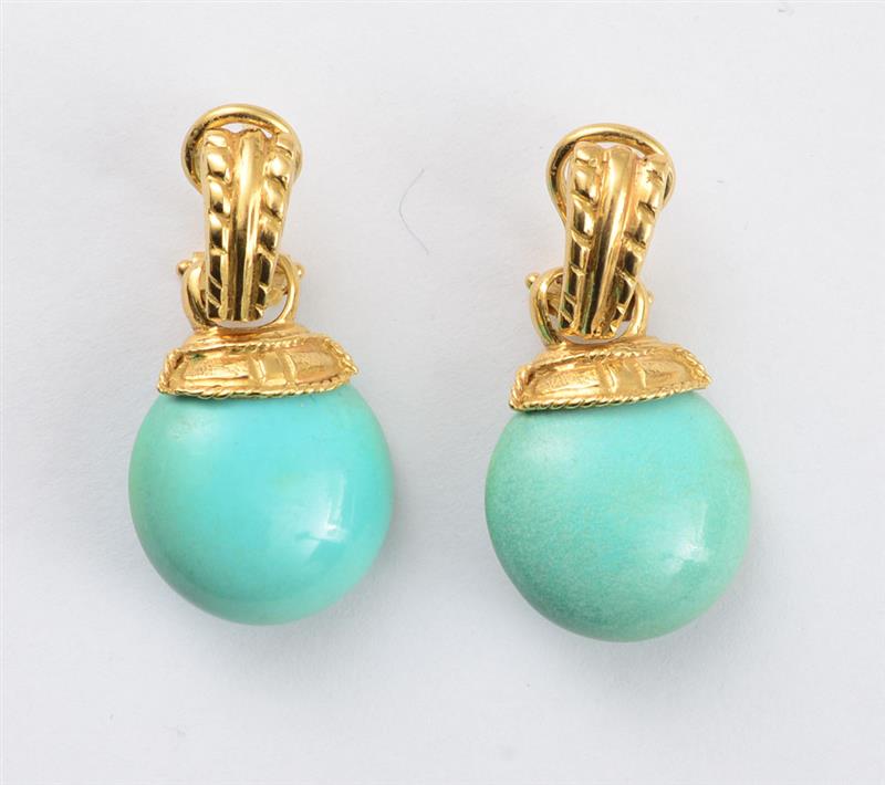 Appraisal: K GOLD AND TURQUOISE EARCLIPS in dwts Estimate -