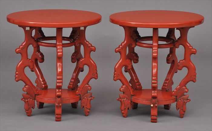 Appraisal: PAIR OF CHINESE RED LACQUER TABLES Each with round top