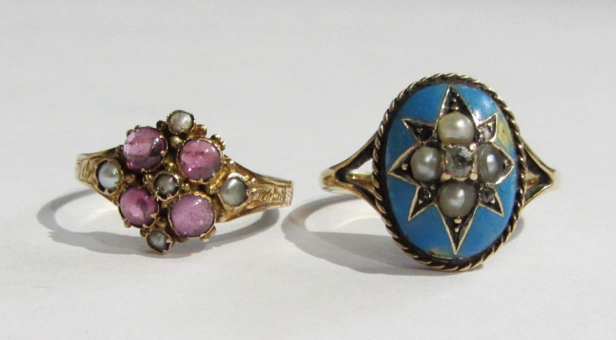 Appraisal: A gold diamond and half pearl set and pale blue