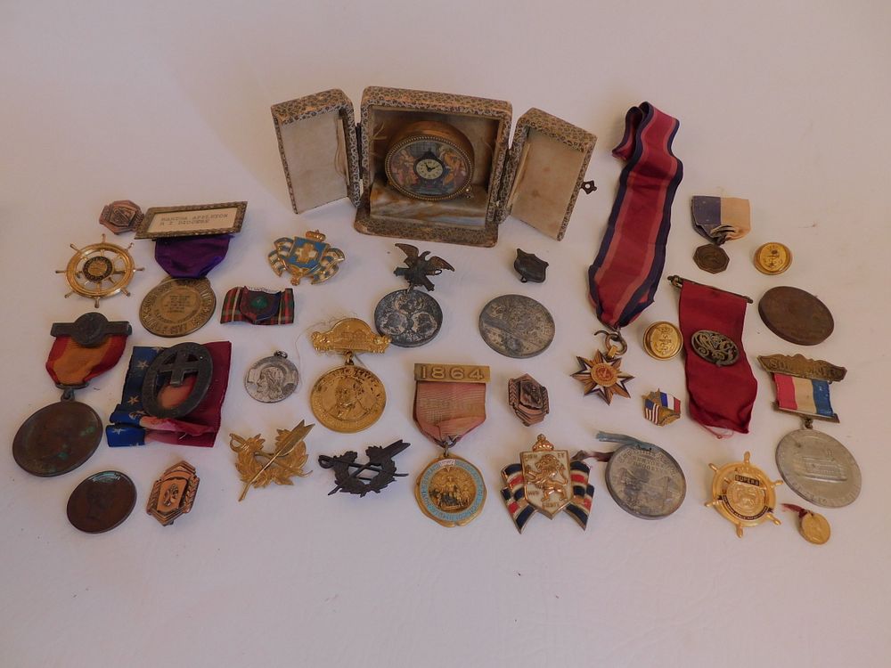 Appraisal: OLD MEDALS LOT GOLAY MINI CLOCK Lot of assorted old