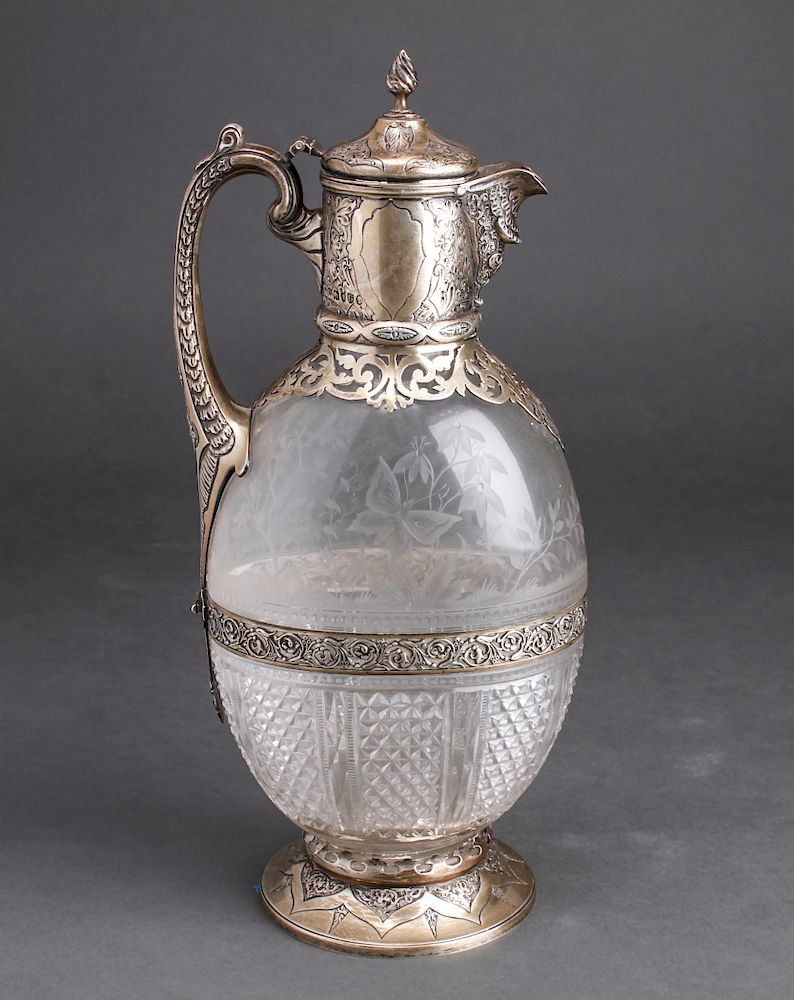 Appraisal: Silver Engraved Pierced Etched Cut-Crystal Ewer Charles Edwards sterling silver