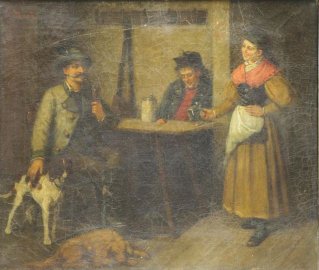 Appraisal: th C Oil on Canvas Tavern Scene with HuntingDogs Illegibly