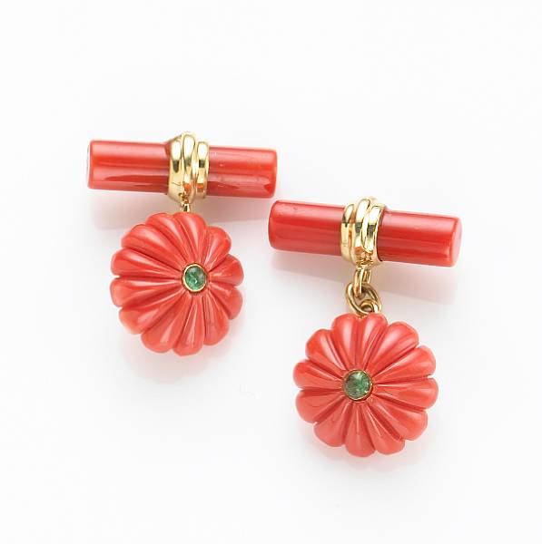 Appraisal: A pair of coral emerald and k gold cufflinks