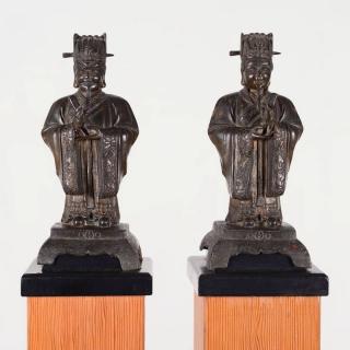 Appraisal: Pair antique Chinese Confucius bronzes on stands Possibly Ming Dynasty