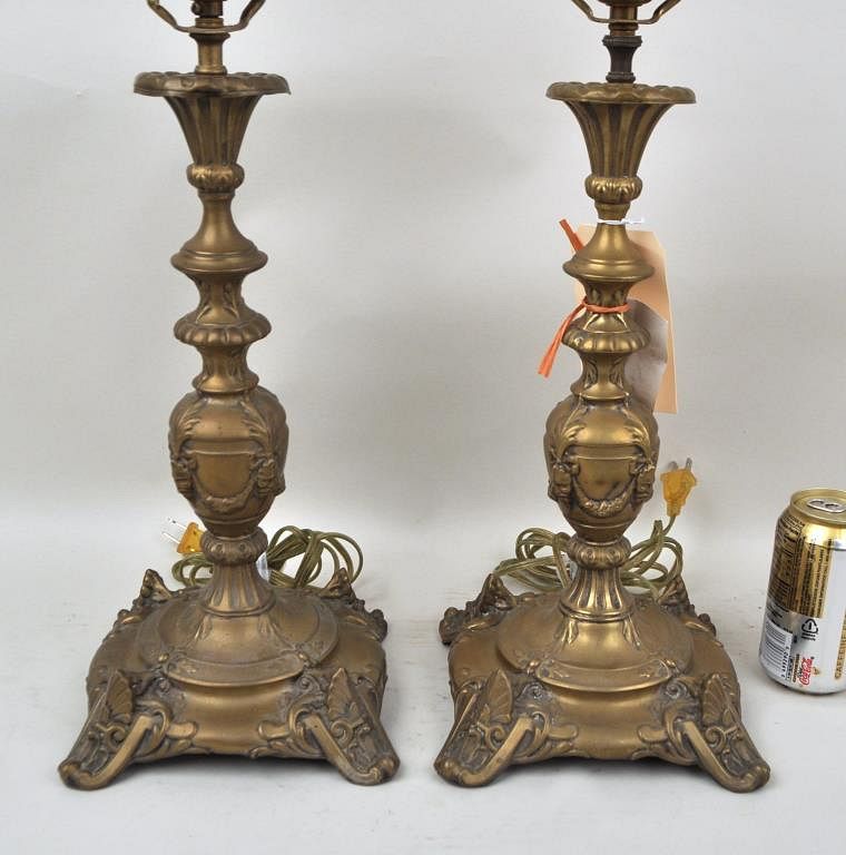 Appraisal: Pair European Brass Altar Style Candlesticks mounted as lamps high