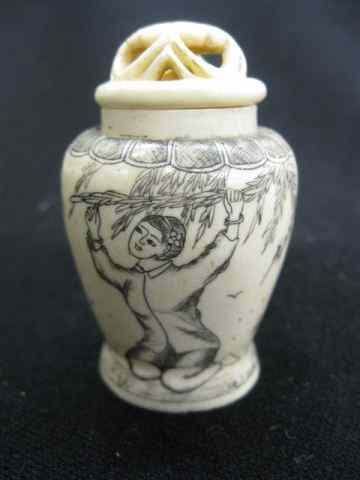 Appraisal: Chinese Carved Ivory Miniature Covered Jar fine polychrome scene openwork