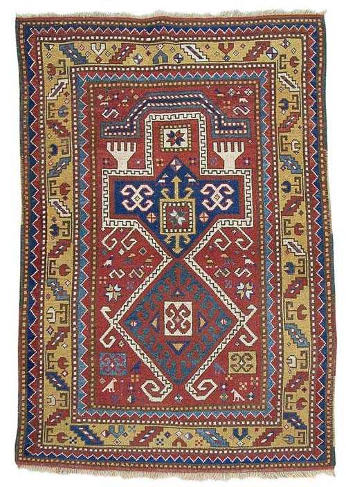 Appraisal: FACHRALO PRAYER antique Red ground geometrically patterned in white blue