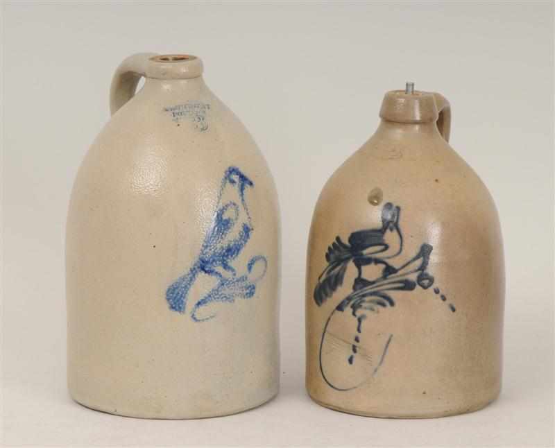 Appraisal: TWO STONEWARE JUGS With underglaze blue bird on branch the