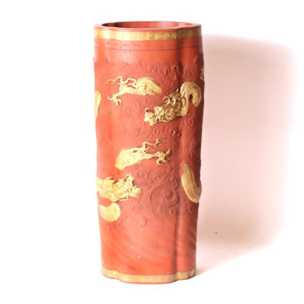 Appraisal: CHINESE TERRACOTTA POTTERY UMBRELLA STAND WITH GILT RAISED DRAGON AND