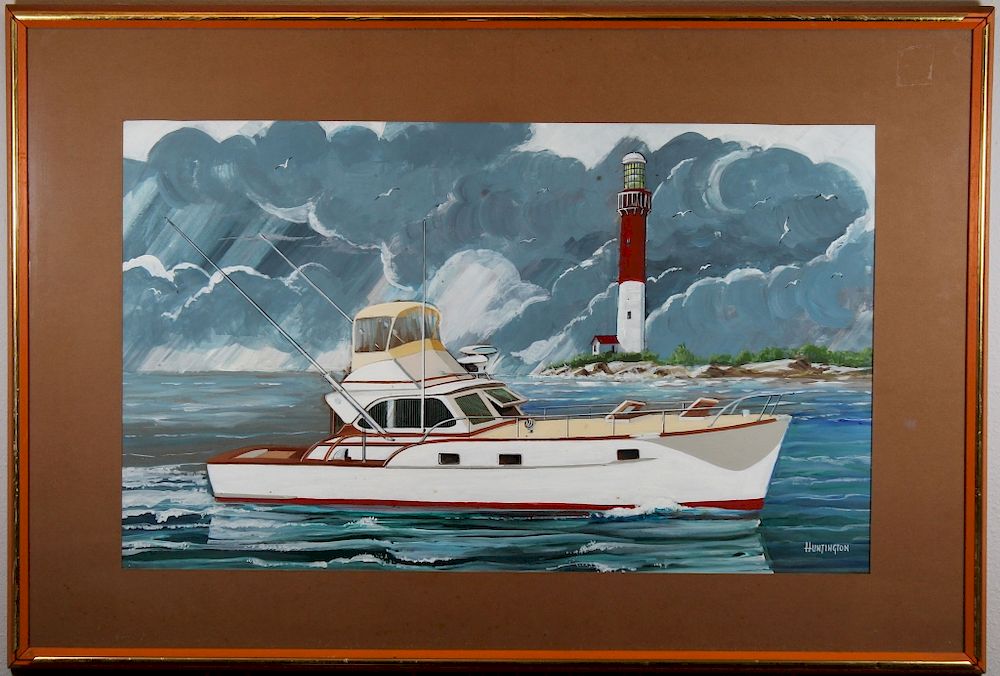 Appraisal: Huntington Illustration of a Boat near Lighthouse Huntington Illustration of