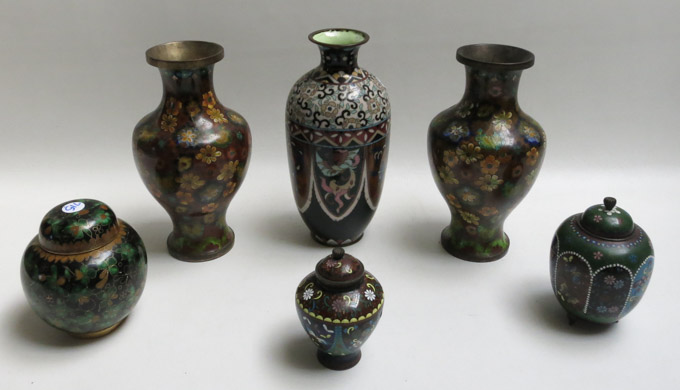 Appraisal: SIX CLOISONNE VESSELS in various patterns including three vases to