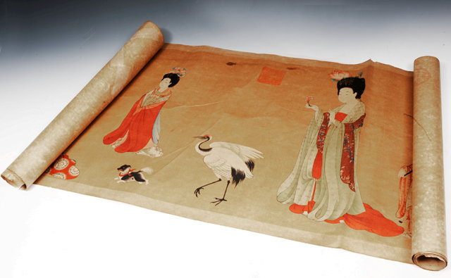 Appraisal: A JAPNESE PAINTED PAPER SCROLL depicting Courtesans with birds and