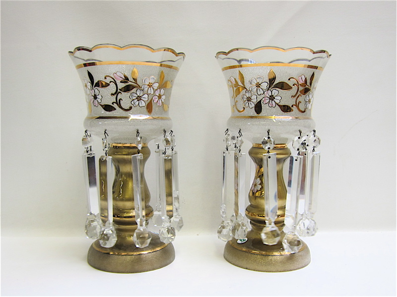 Appraisal: PAIR OF GILT AND ENAMEL GLASS LUSTERS having scalloped top