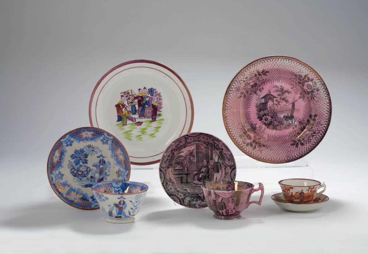 Appraisal: GROUP OF BRITISH PINK LUSTRE ENAMEL-DECORATED AND TRANSFER-PRINTED CHINOISERIE TEA