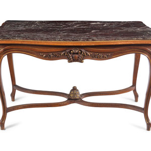 Appraisal: An Italian Louis XV Style Carved Walnut Marble-Inset Serpentine-Top Center