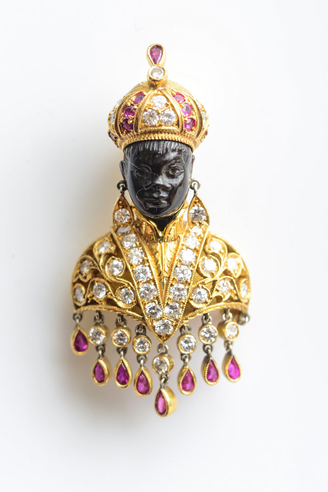 Appraisal: K GOLD AND DIAMOND BLACKAMOOR BROOCH G NARDI Set with