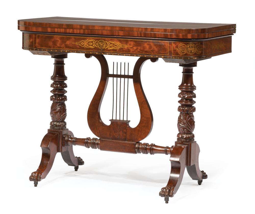 Appraisal: American Classical Stenciled Carved and Rosewood-Banded Mahogany Games Table early