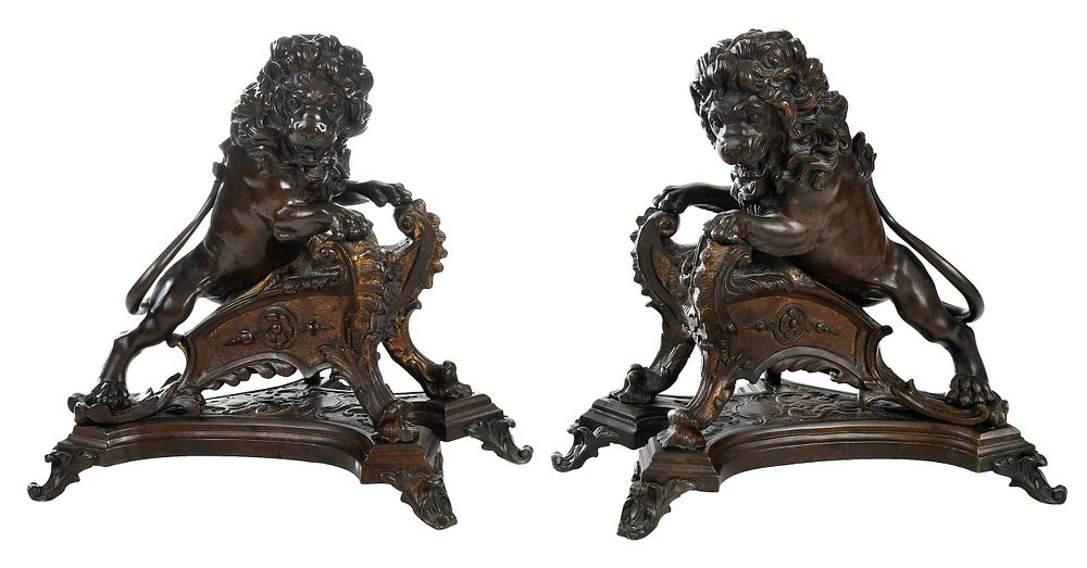 Appraisal: Pair of Patinated Bronze Lion Chenets French late th century