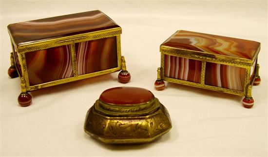 Appraisal: Two hinged lid agate boxes with metal mounts and a