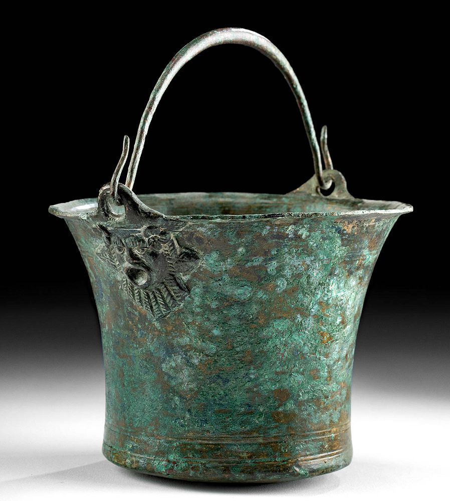 Appraisal: Roman Imperial Bronze Situla w Applied Mask Detailing Roman Imperial