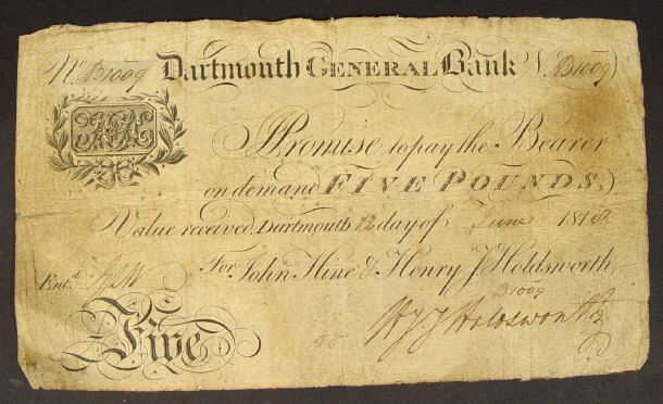 Appraisal: Georgian Dartmouth General Bank white five pound note dated June