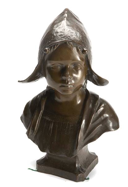 Appraisal: A patinated bronze bust of a girl with bonnet inscribed